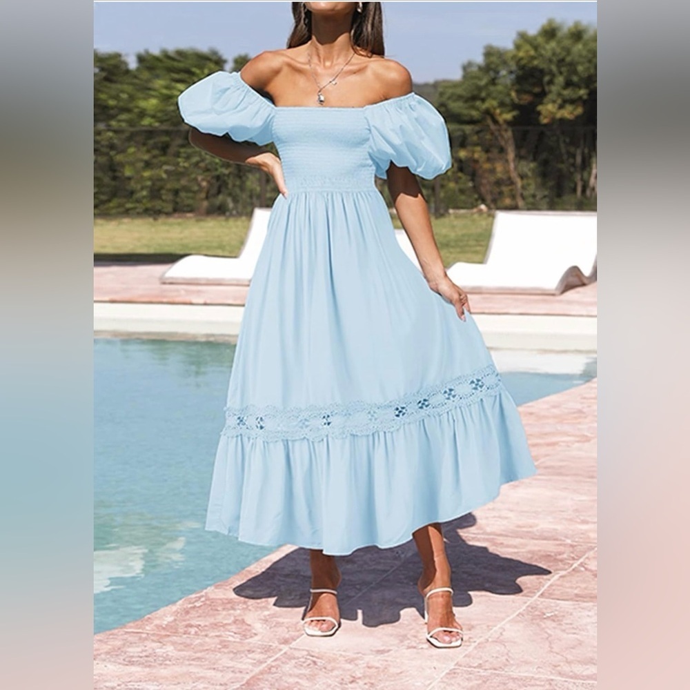 Chic Off-Shoulder Light Blue Maxi Dress - Picture 2 of 4